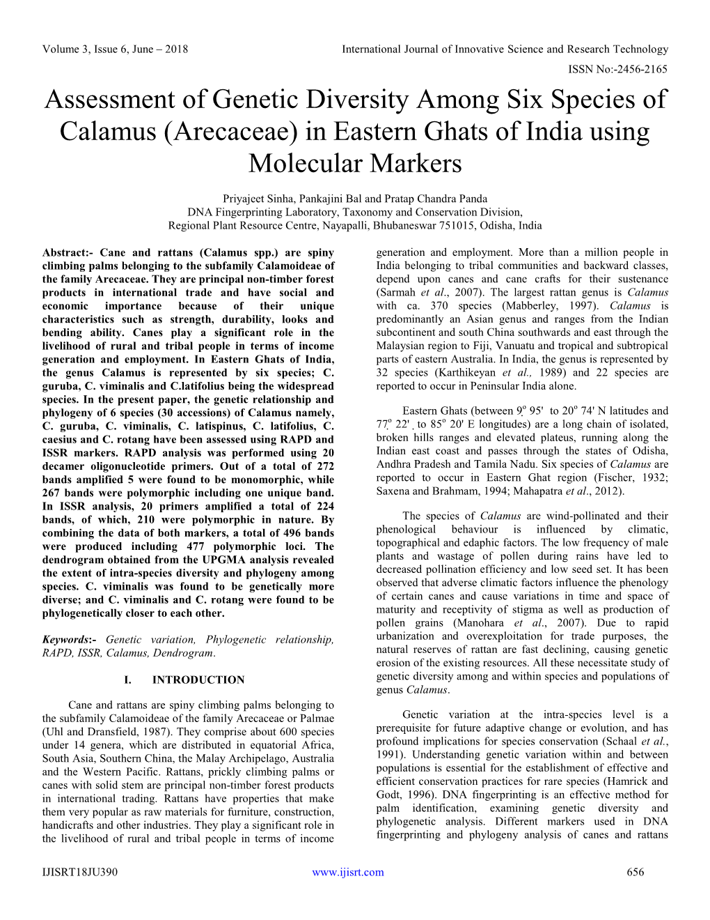 Assessment of Genetic Diversity Among Six Species of Calamus (Arecaceae) in Eastern Ghats of India Using Molecular Markers