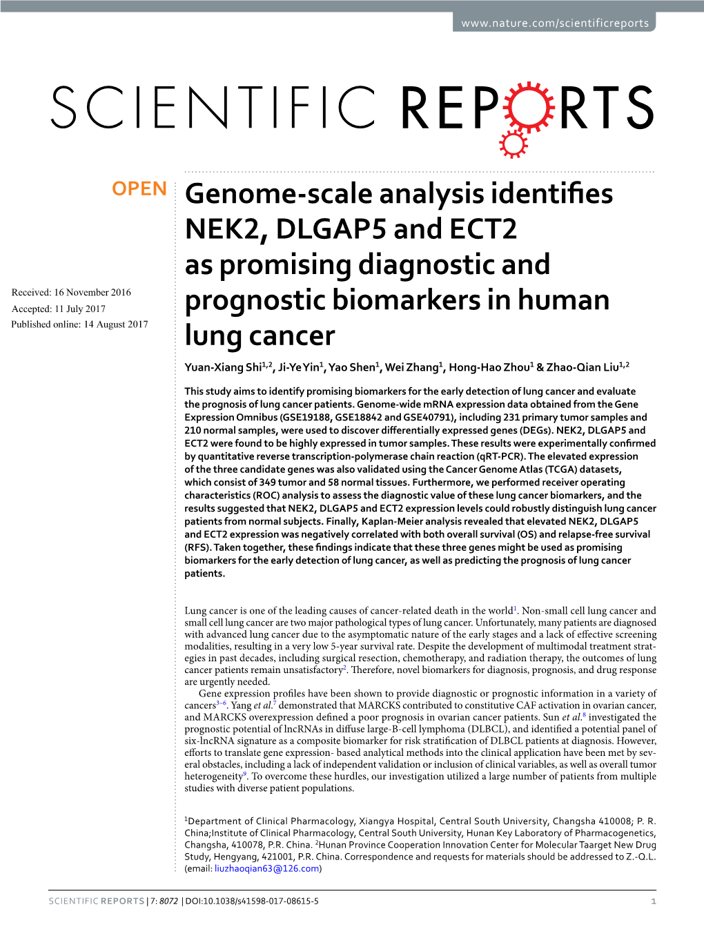 Genome-Scale Analysis Identifies NEK2, DLGAP5 and ECT2 As