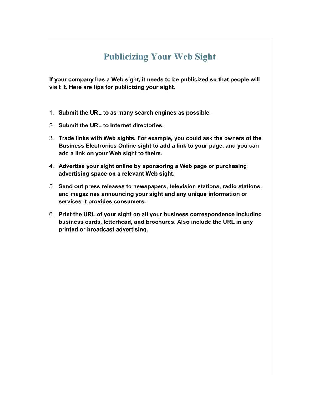 Publicizing Your Web Sight