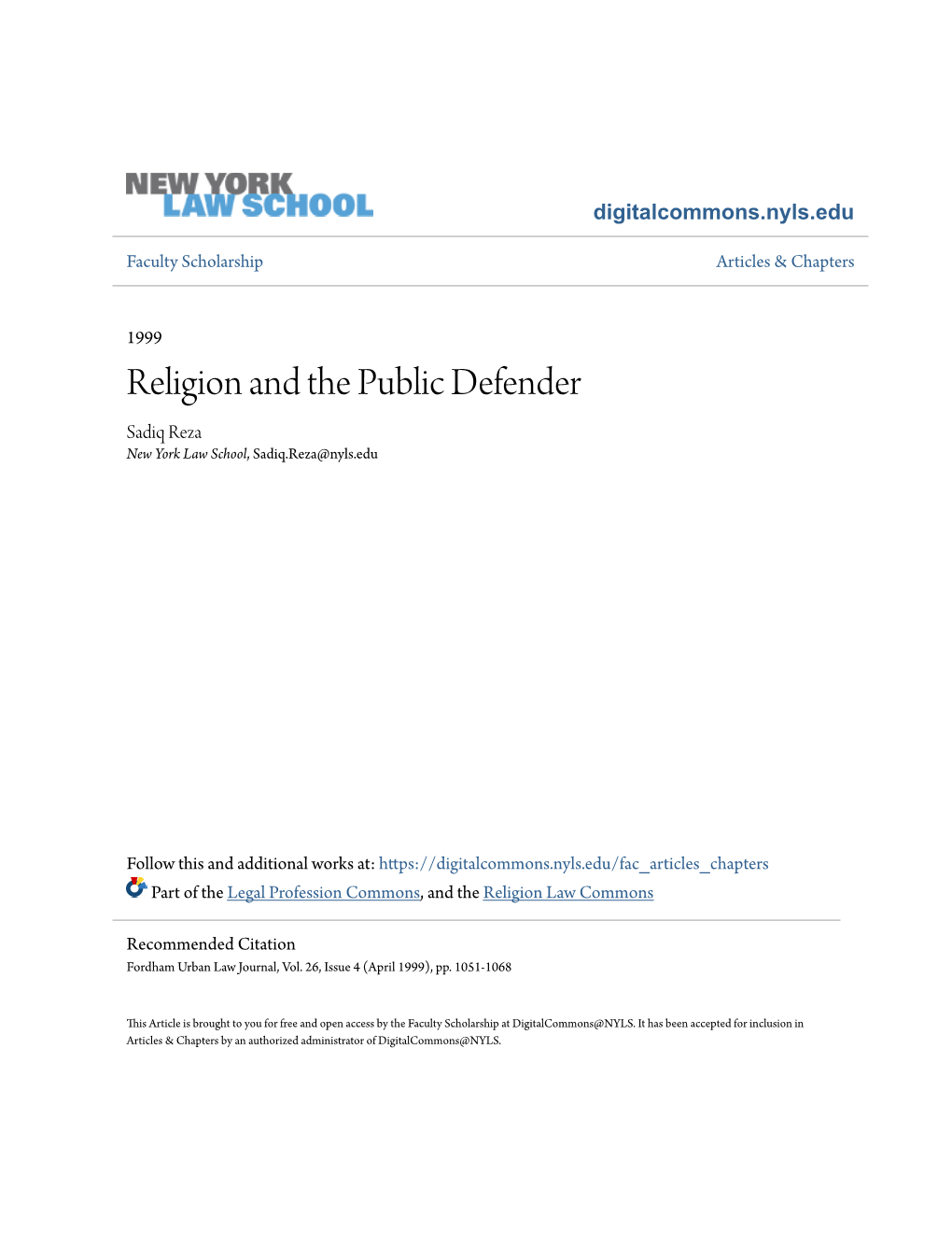 Religion and the Public Defender Sadiq Reza New York Law School, Sadiq.Reza@Nyls.Edu