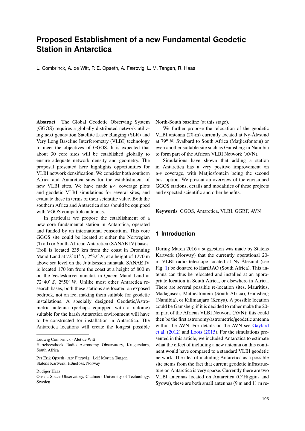 Proposed Establishment of a New Fundamental Geodetic Station in Antarctica