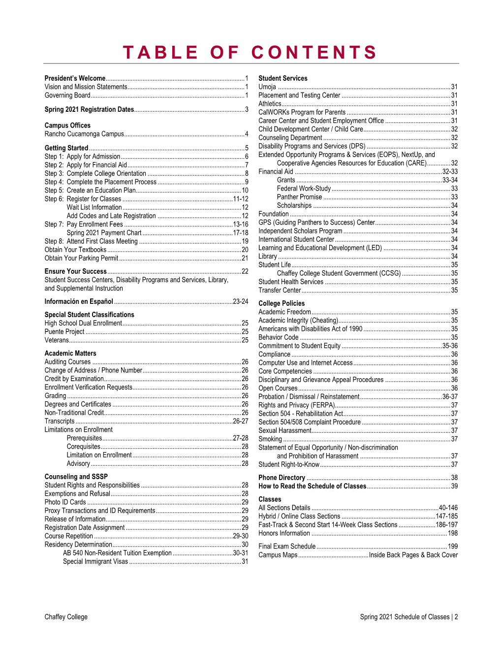 Chaffey College Spring 2021 Schedule of Classes General