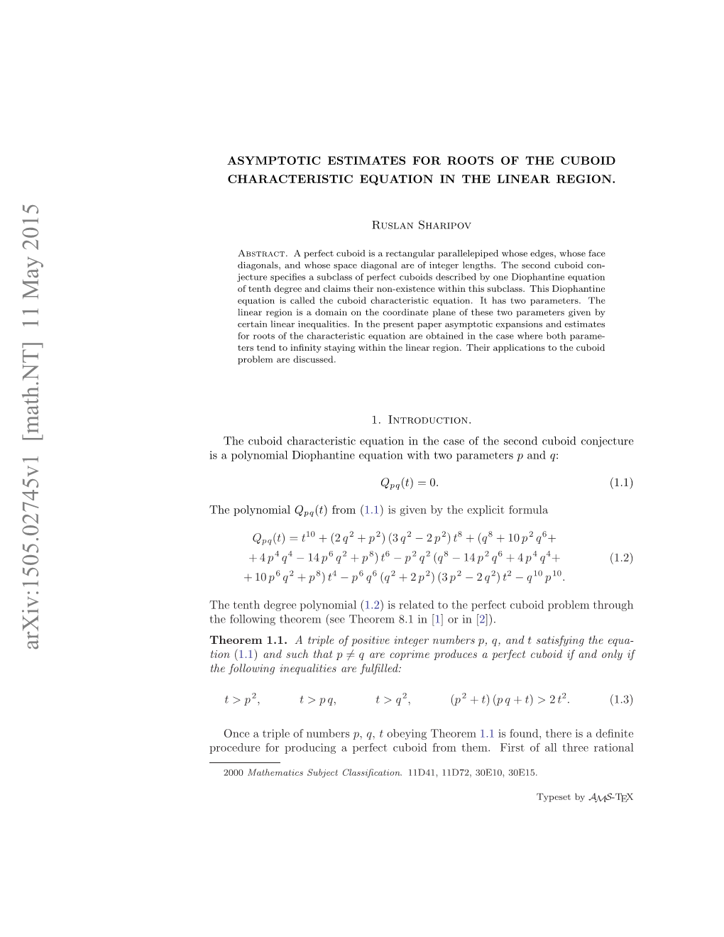 Asymptotic Estimates for Roots of the Cuboid Characteristic Equation in the Case of the Second Cuboid Conjecture, E-Print Arxiv:1505.00724 In