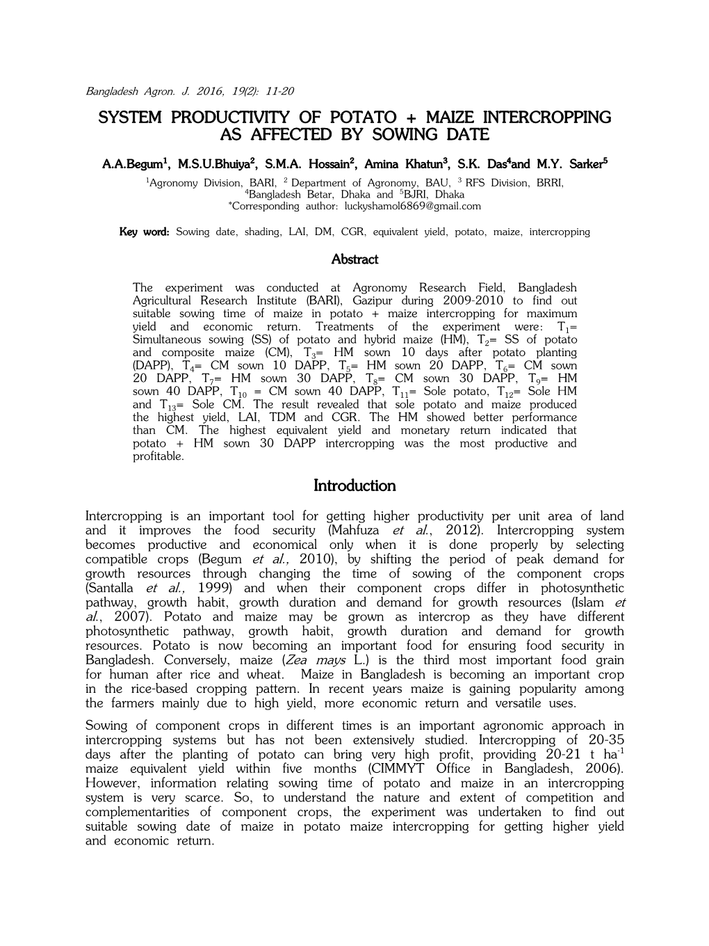 System Productivity of Potato + Maize Intercropping As Affected by Sowing Date