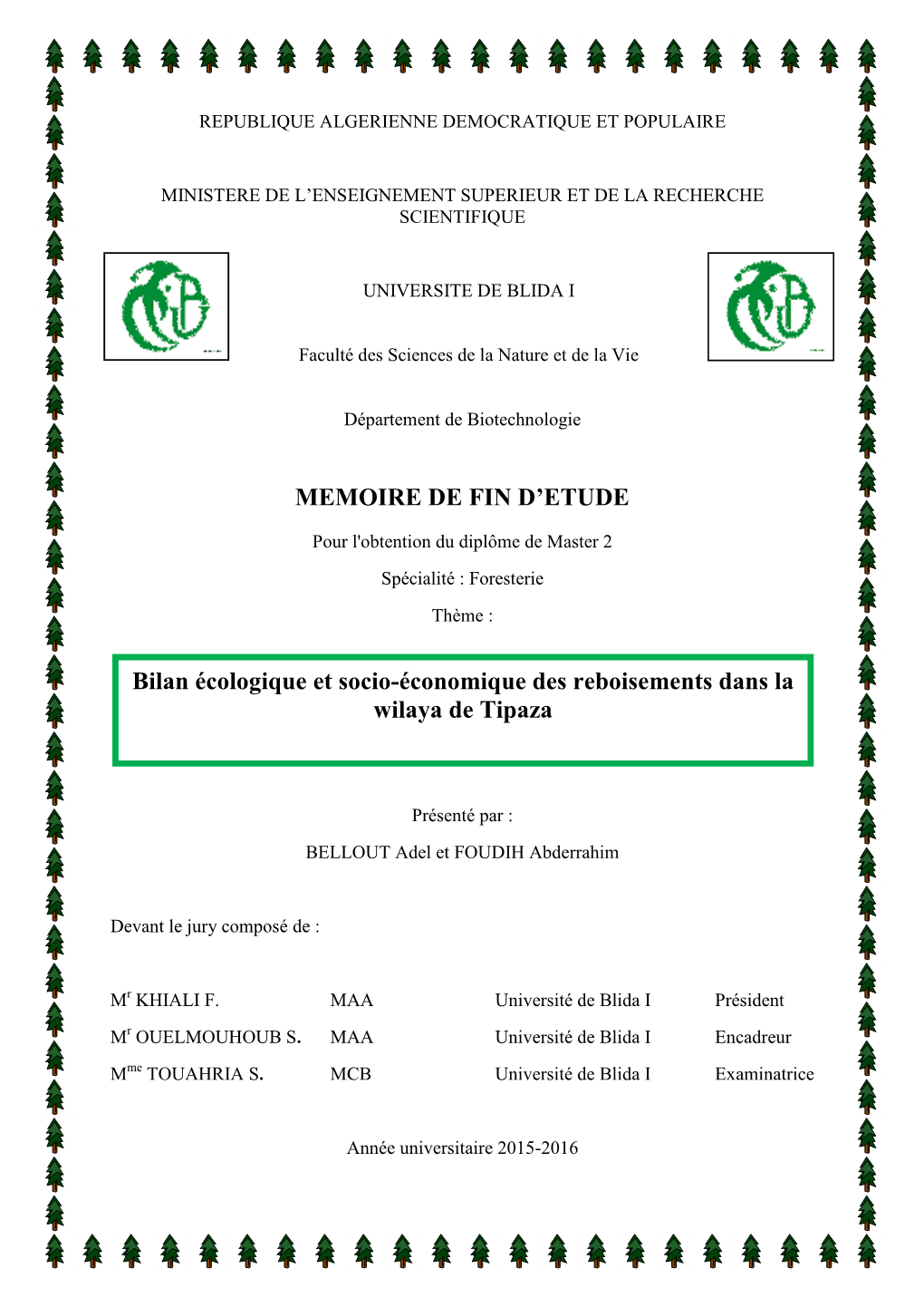 MEMOIRE DE FIN D'etude Bilan Écologique Et Socio-Économique