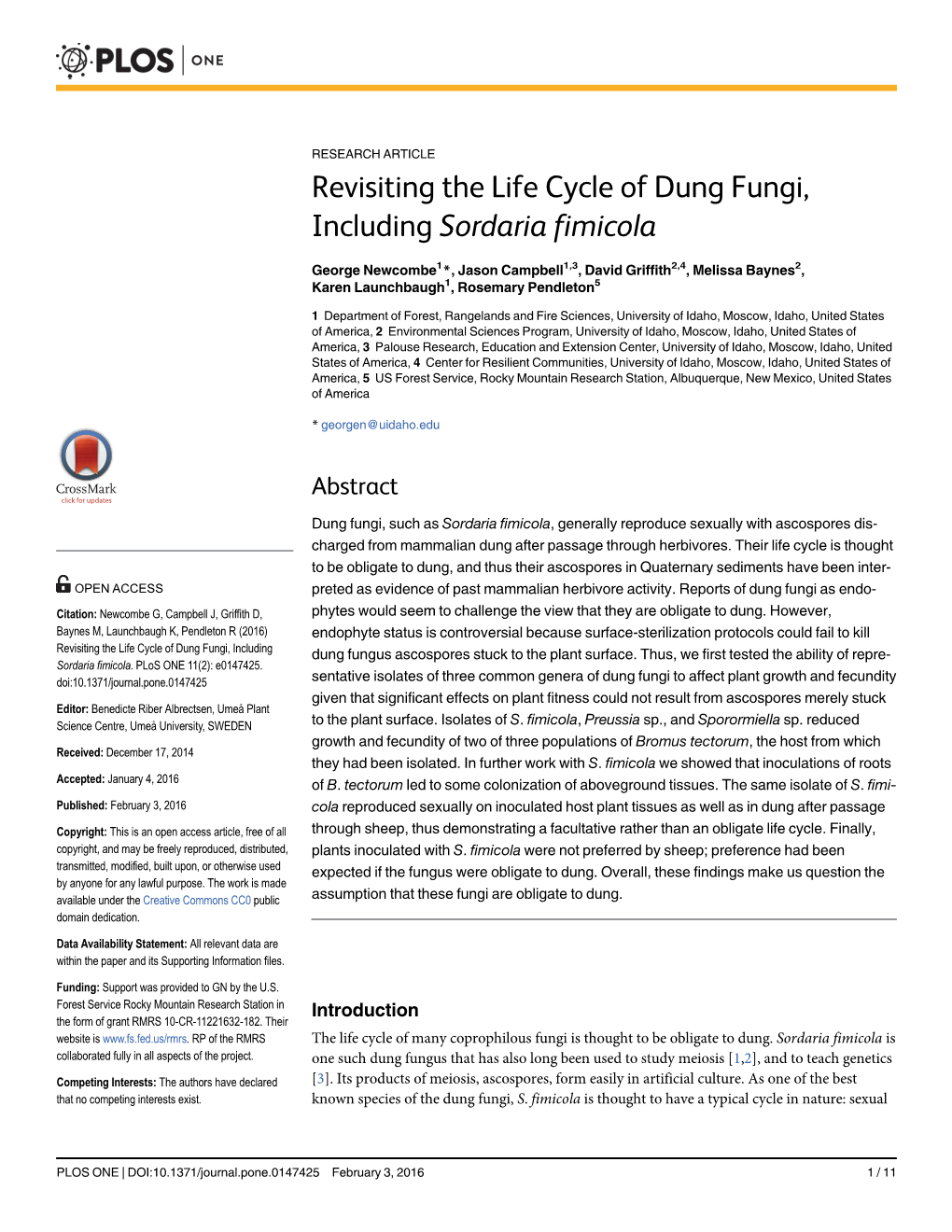 Revisiting the Life Cycle of Dung Fungi, Including Sordaria Fimicola