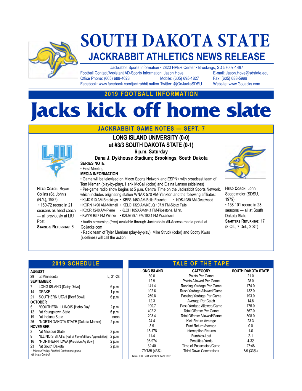 South Dakota State Football Notes 9-4-19