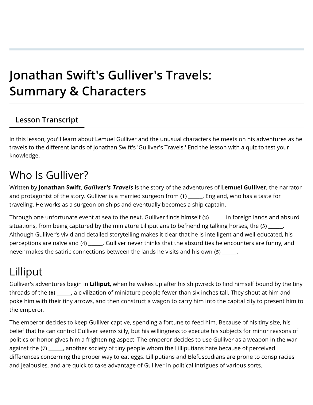Jonathan Swift's Gulliver's Travels: Summary & Characters