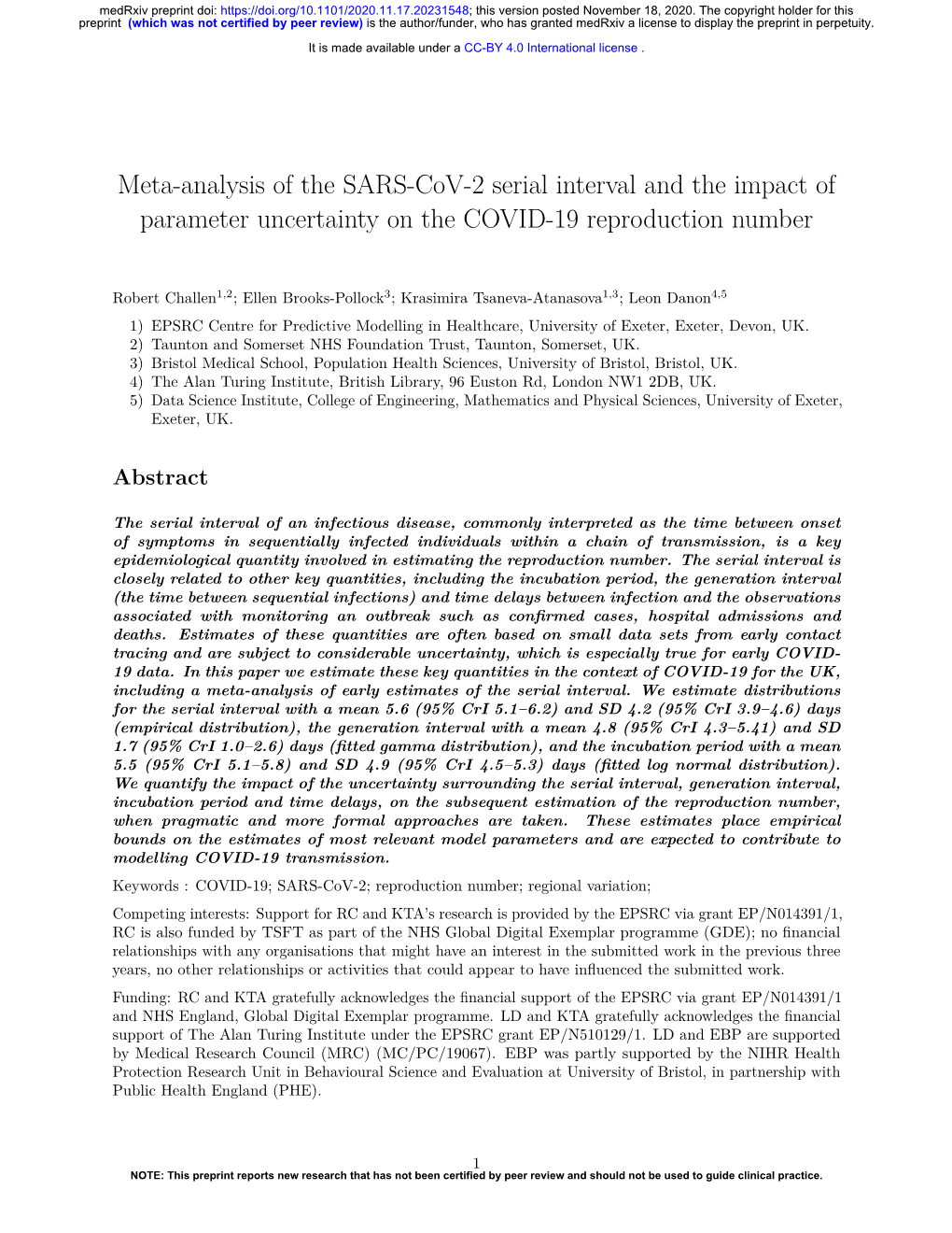 Meta-Analysis of the SARS-Cov-2 Serial Interval and the Impact of Parameter Uncertainty on the COVID-19 Reproduction Number