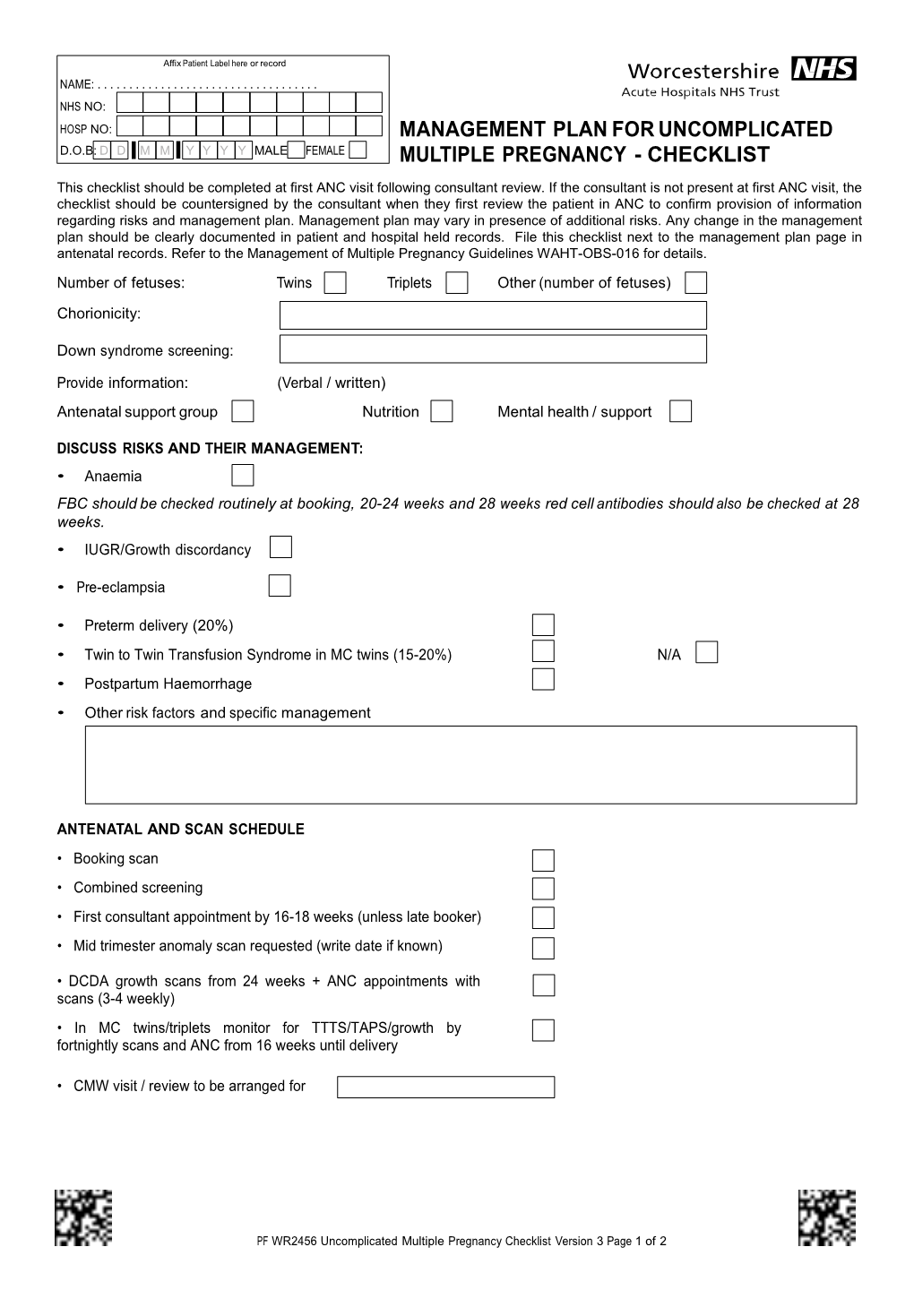 Multiple Pregnancy Checklist Version 3 Page 1 of 2 Affix Patient Label Here Or Record NAME: