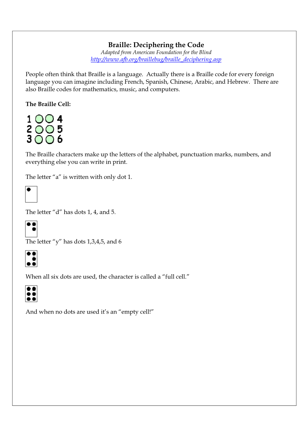 Braille: Deciphering the Code Adapted from American Foundation for the Blind