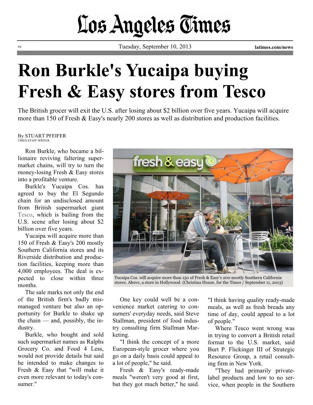 Ron Burkle's Yucaipa Buying Fresh & Easy Stores from Tesco LAT