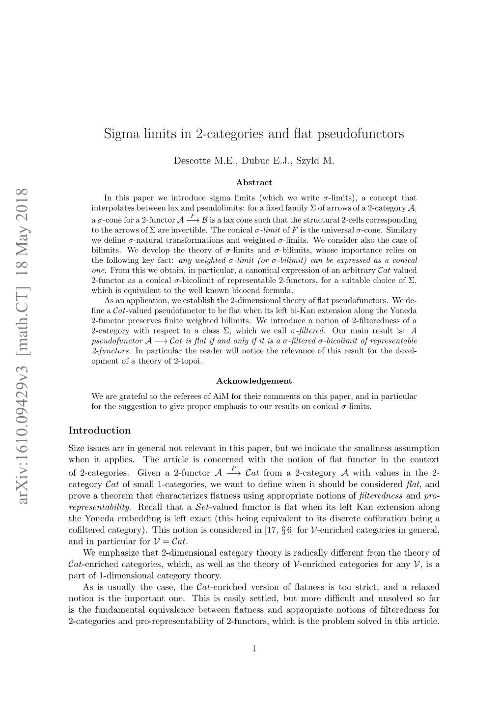 Sigma Limits in 2-Categories and Flat Pseudofunctors