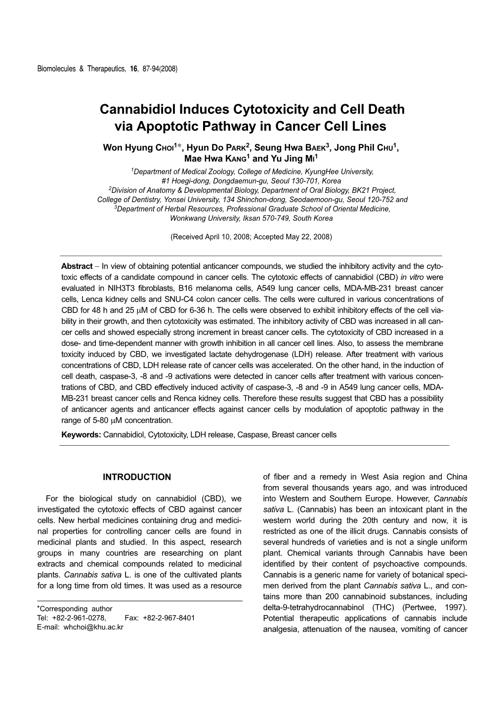 Cannabidiol Induces Cytotoxicity and Cell Death Via Apoptotic Pathway in Cancer Cell Lines