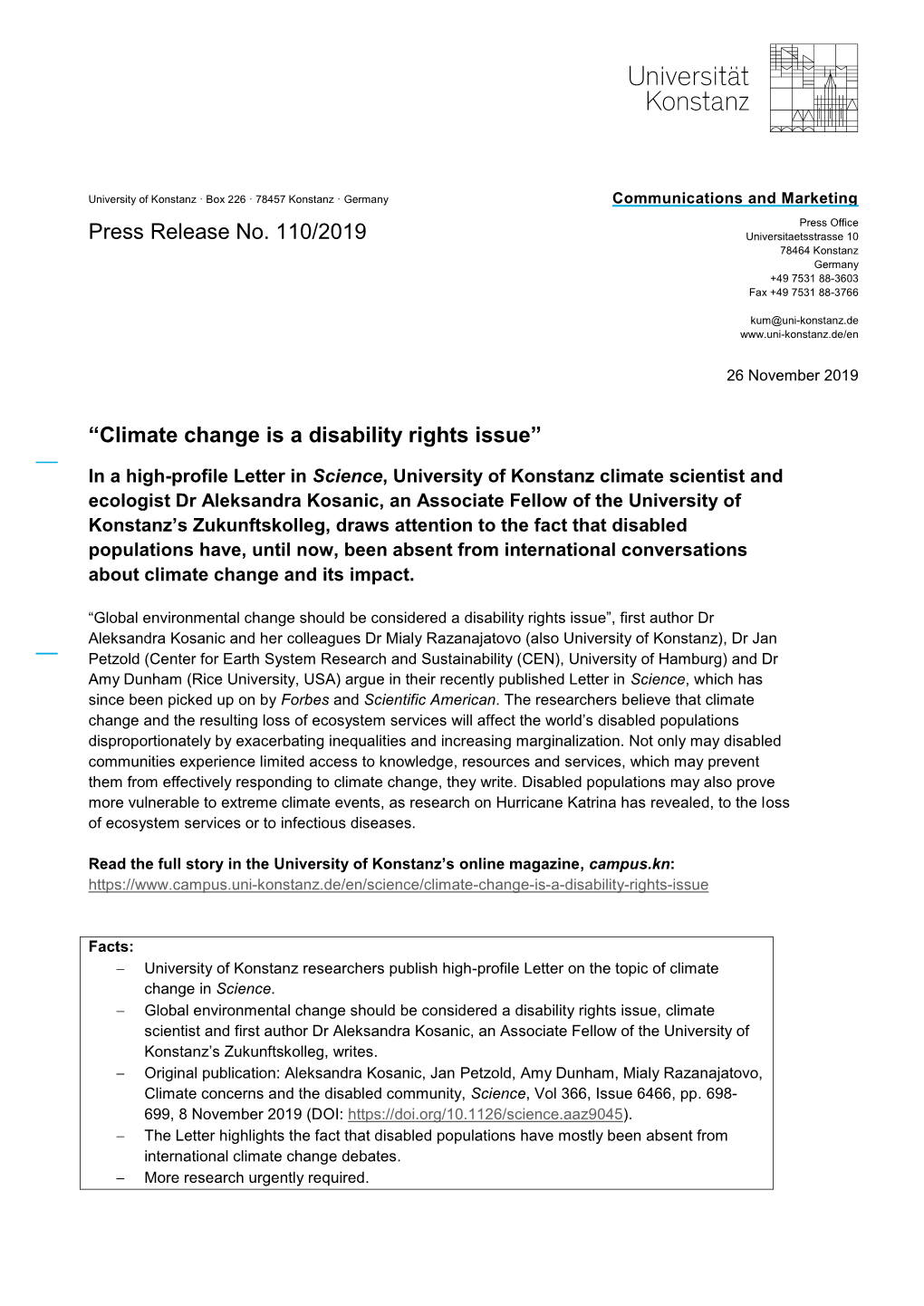 “Climate Change Is a Disability Rights Issue” Press Release No. 110