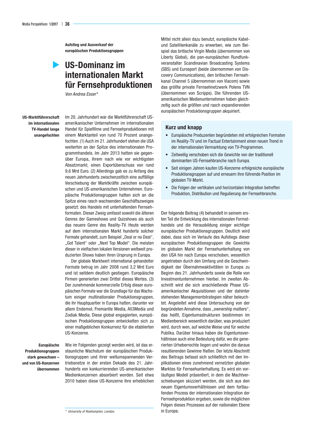 US-Dominanz Im Internationalen Markt Für Fernsehproduktionen 37 | Media Perspektiven 1/2017