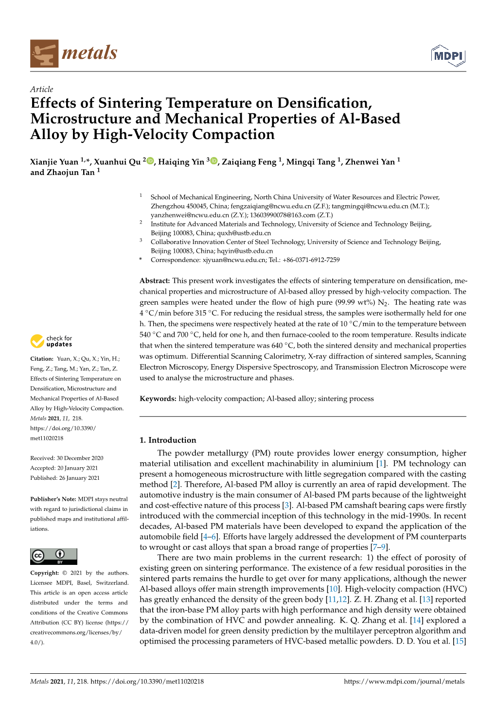 Effects of Sintering Temperature on Densification, Microstructure and Mechanical Properties of Al-Based Alloy by High-Velocity C