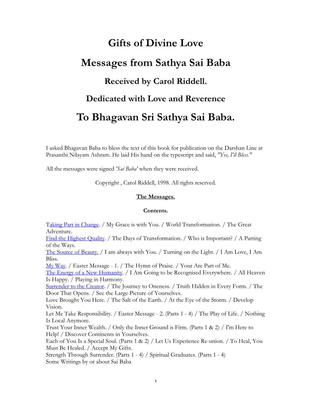 Gifts of Divine Love Messages from Sathya Sai Baba to Bhagavan Sri