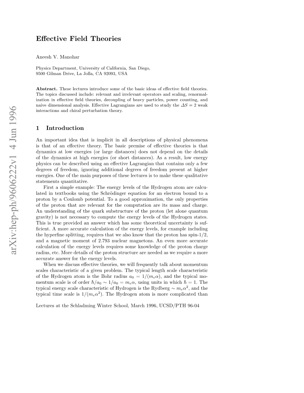 Arxiv:Hep-Ph/9606222V1 4 Jun 1996 Etrsa H Cldigwne Col Ac 96 UCSD/ 1996, March School, Winter Schladming the at Lectures Abstract