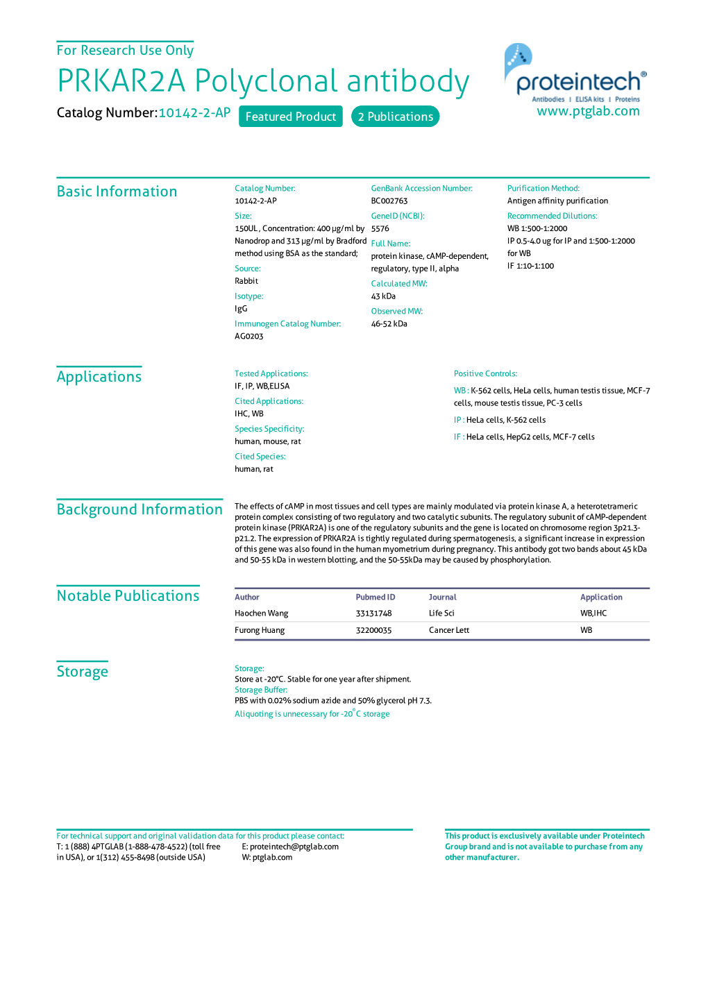PRKAR2A Polyclonal Antibody Catalog Number:10142-2-AP Featured Product 2 Publications