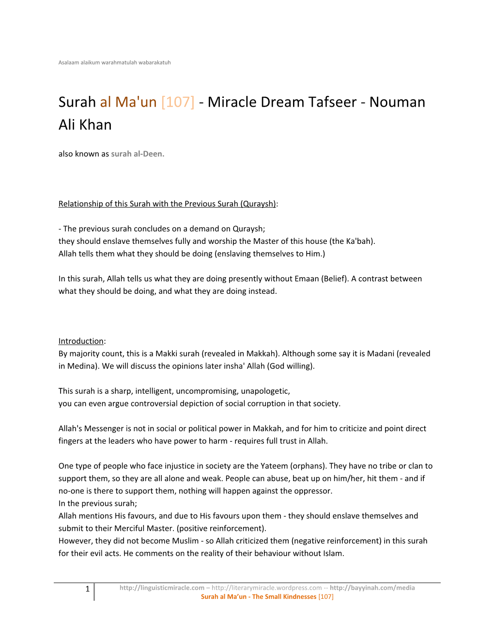 Surah Al Ma'un [107] - Miracle Dream Tafseer - Nouman Ali Khan Also Known As Surah Al-Deen