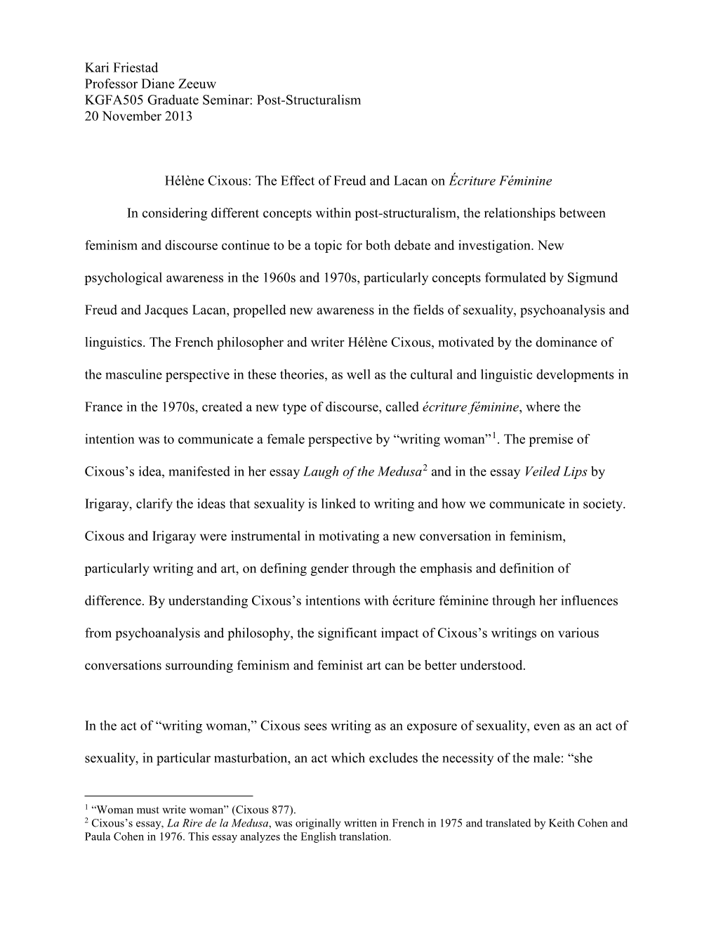 Hélène Cixous: the Effect of Freud and Lacan on Écriture Féminine