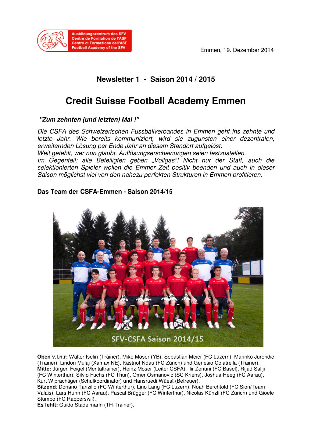 Newsletter Der CS Football Academy Emmen