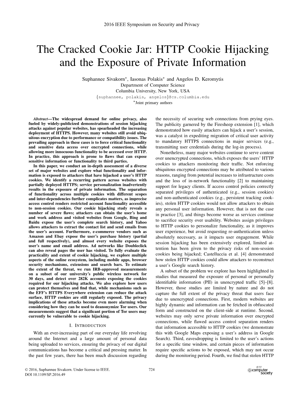 HTTP Cookie Hijacking and the Exposure of Private Information