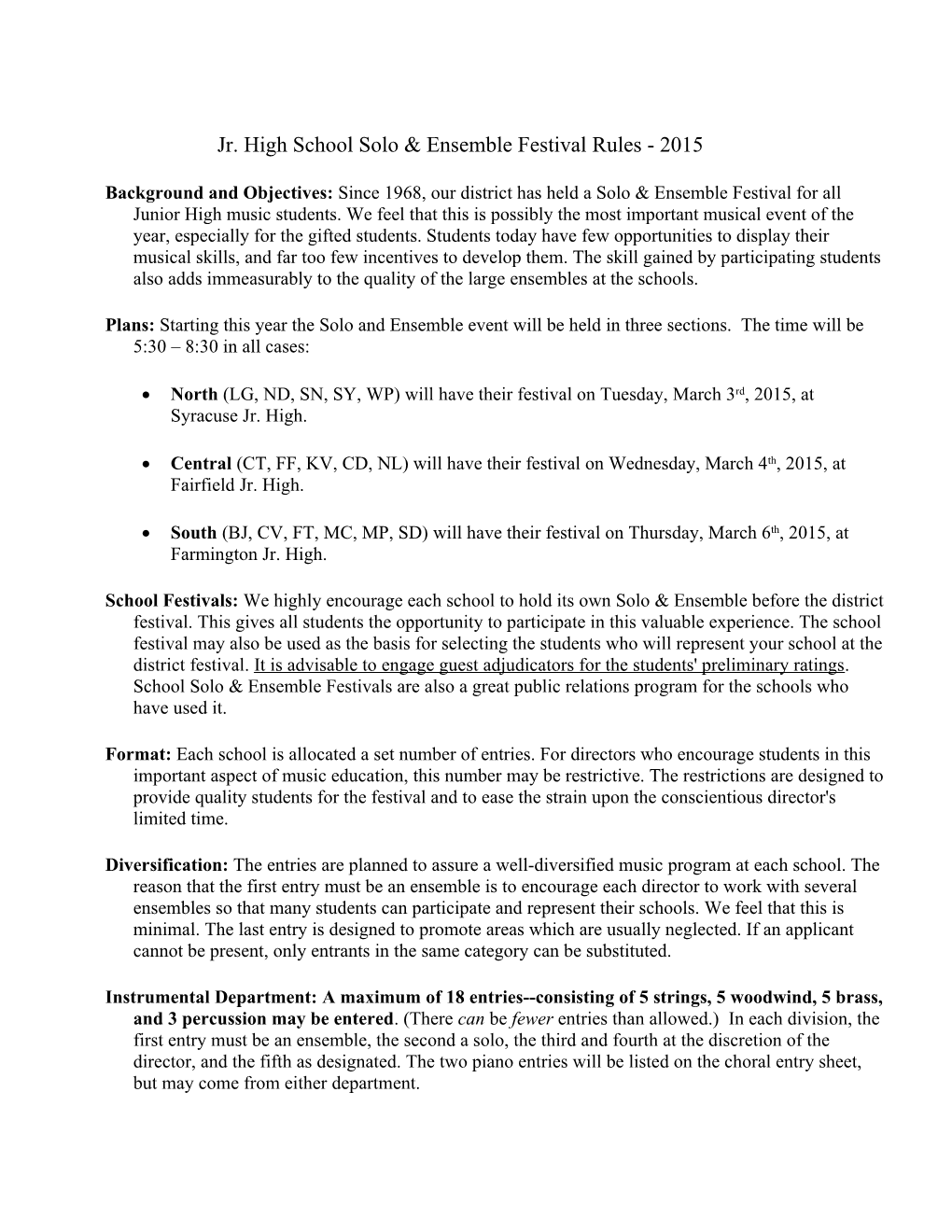 Jr. High School Solo & Ensemble Festival Rules - 2015