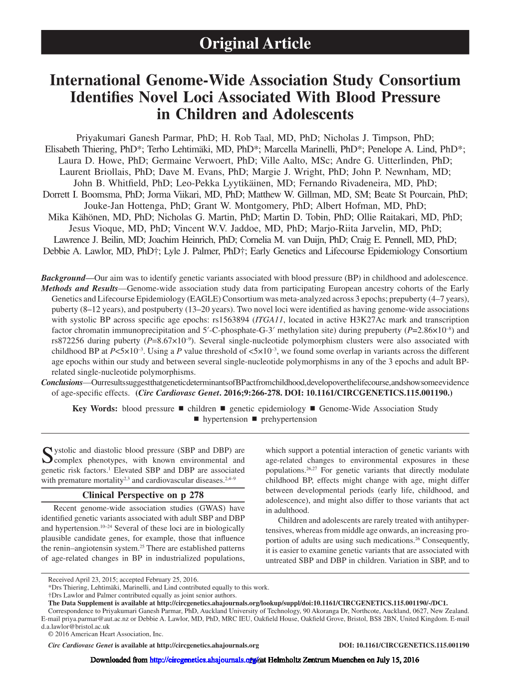 International Genome-Wide Association Study Consortium Identifies Novel Loci Associated with Blood Pressure in Children and Adolescents