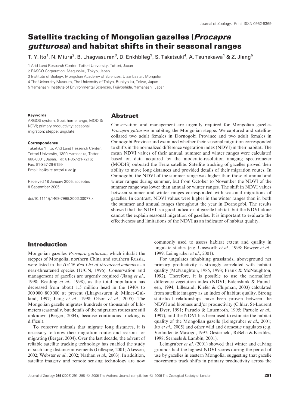 Satellite Tracking of Mongolian Gazelles (Procapra Gutturosa) and Habitat Shifts in Their Seasonal Ranges T