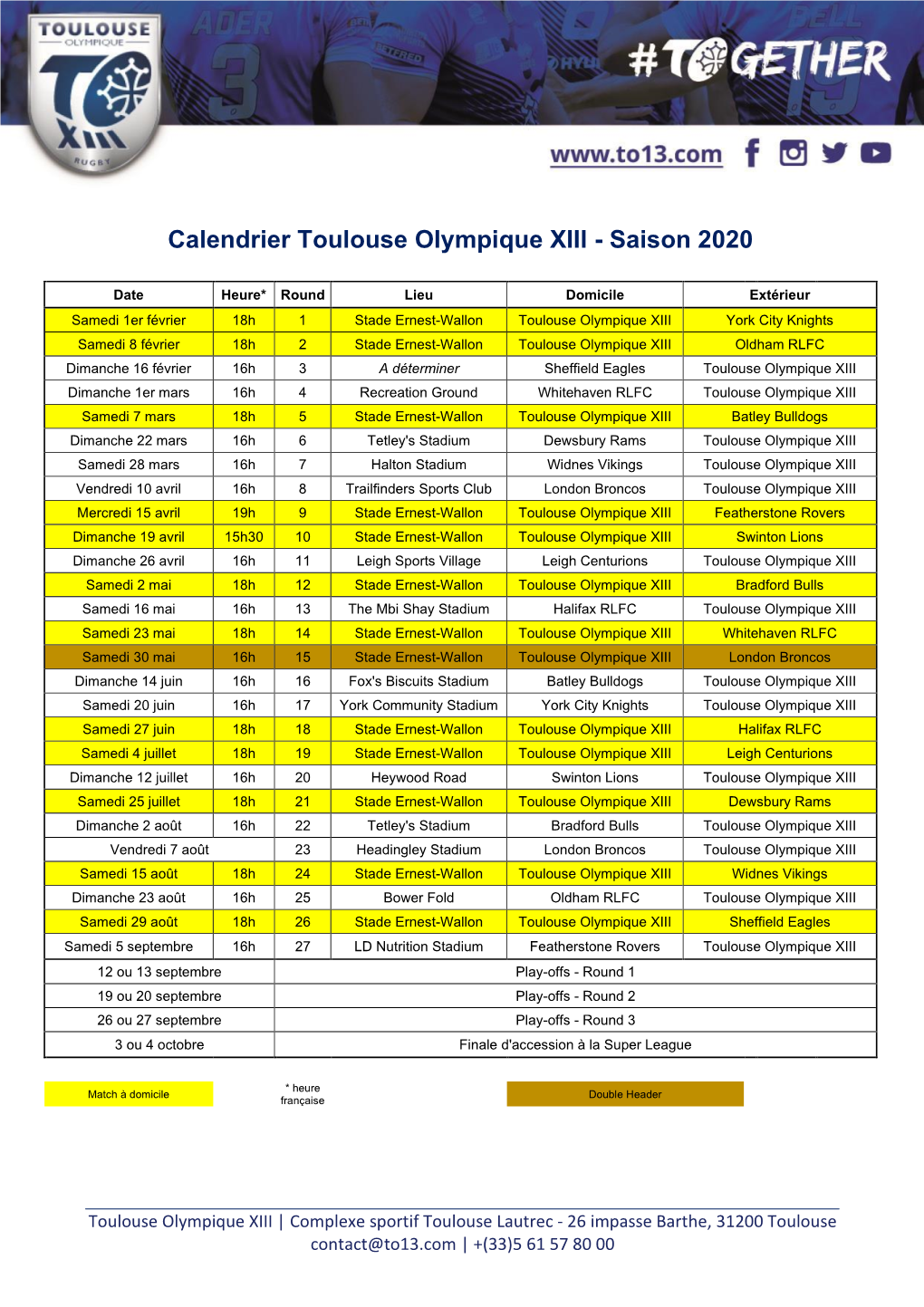 Calendrier Toulouse Olympique XIII - Saison 2020