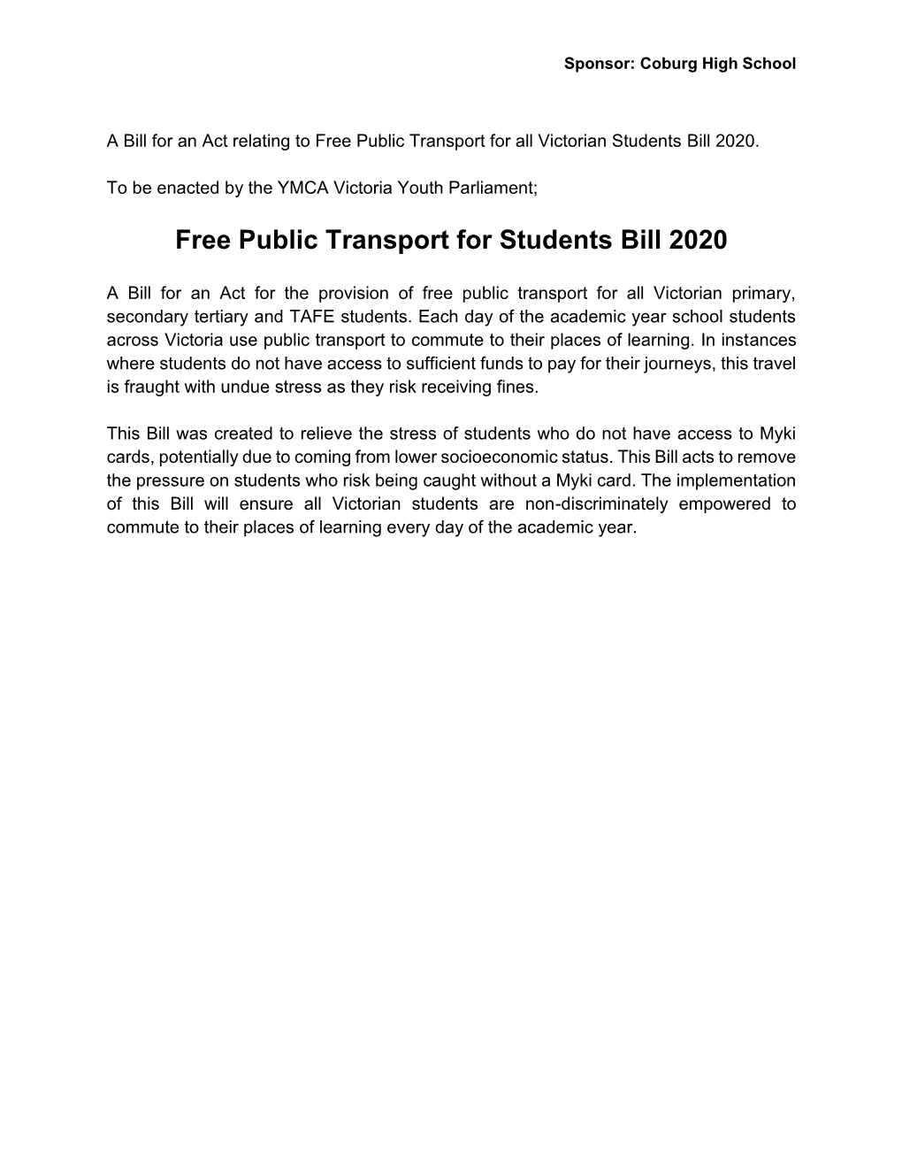 Free Public Transport for Students Bill 2020