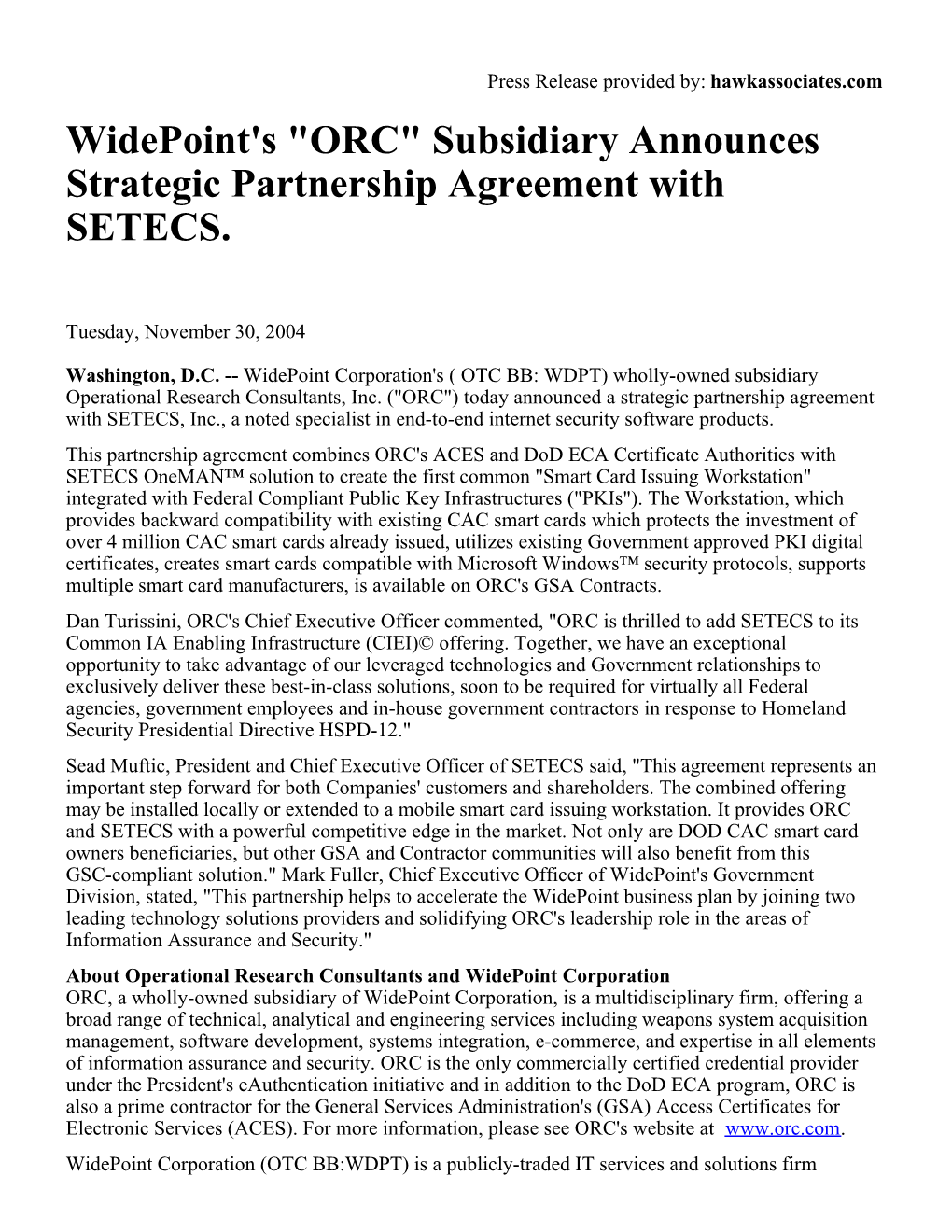 Widepoint's "ORC" Subsidiary Announces Strategic Partnership Agreement with SETECS