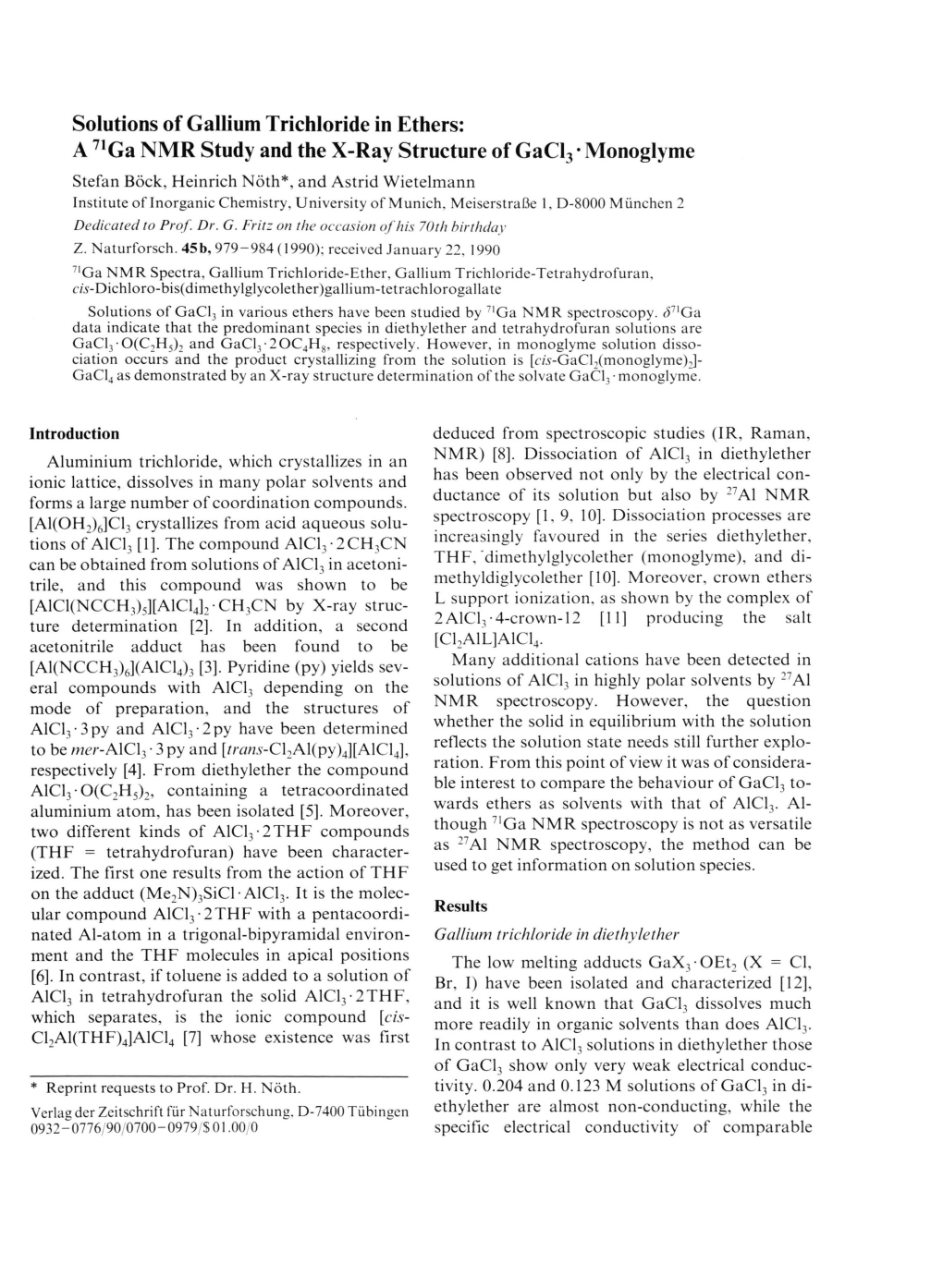 Solutions of Gallium Trichloride in Ethers