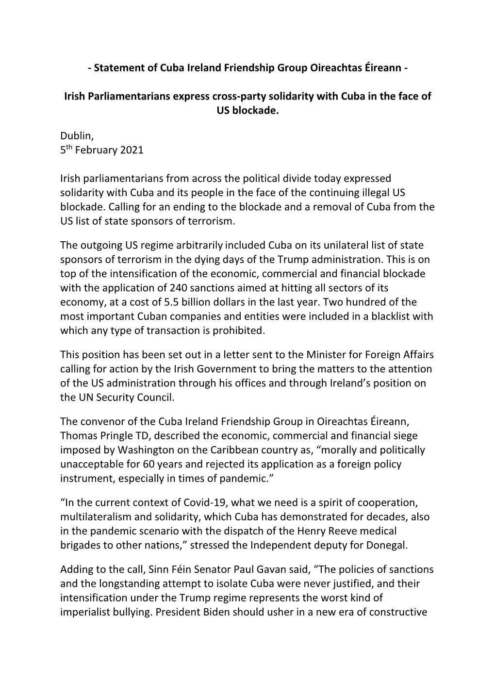 Statement of Cuba Ireland Friendship Group Oireachtas Éireann