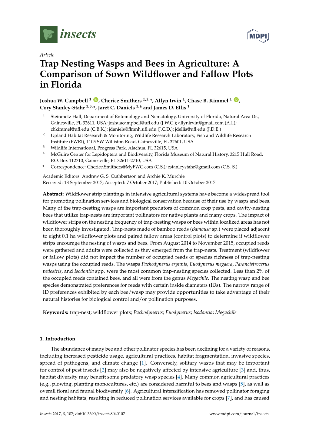 Trap Nesting Wasps and Bees in Agriculture: a Comparison of Sown Wildﬂower and Fallow Plots in Florida