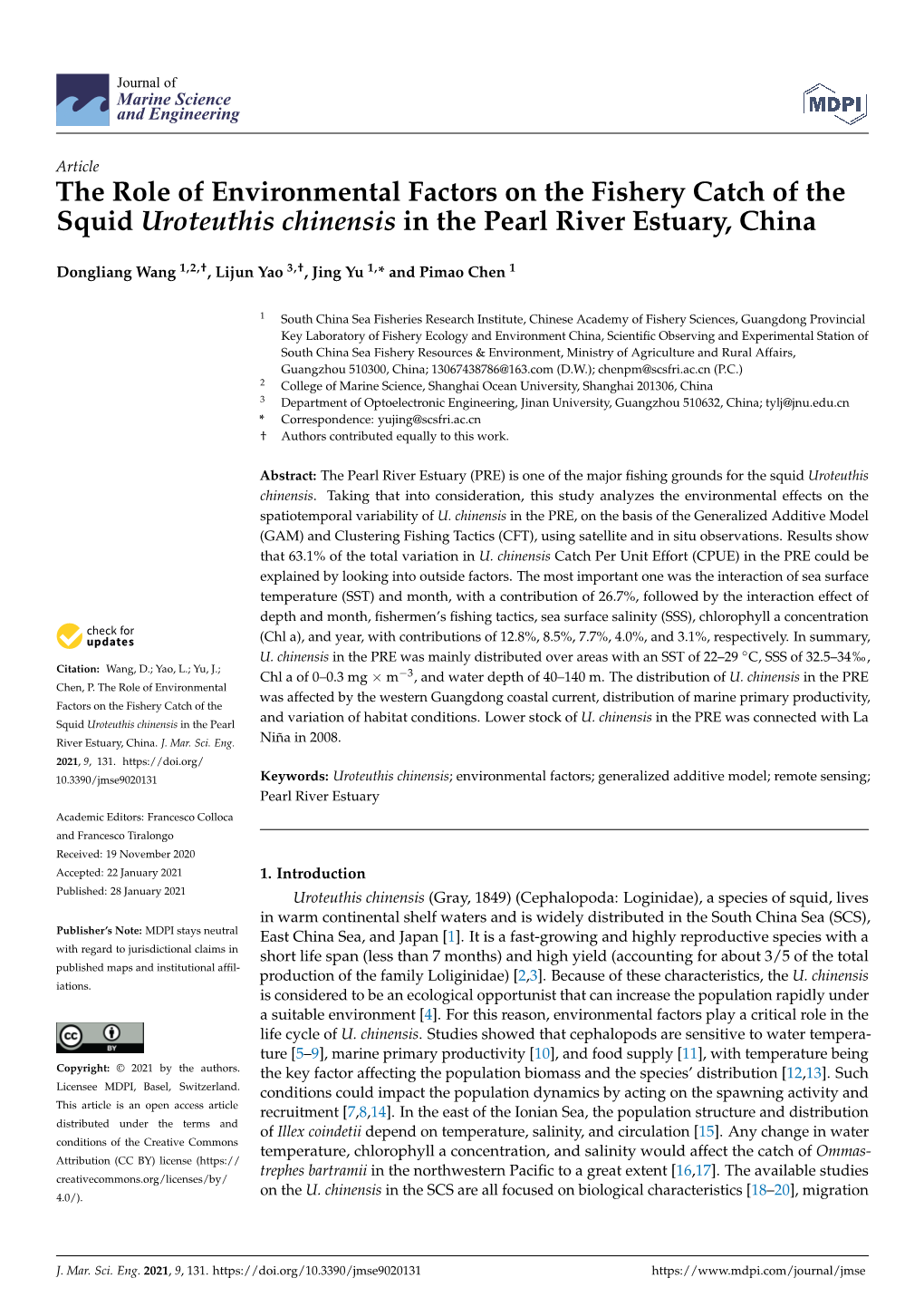 The Role of Environmental Factors on the Fishery Catch of the Squid Uroteuthis Chinensis in the Pearl River Estuary, China