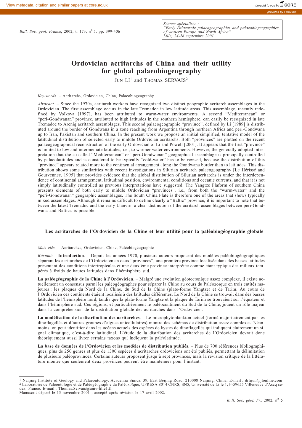 Ordovician Acritarchs of China and Their Utility for Global Palaeobiogeography JUN LI1 and THOMAS SERVAIS2