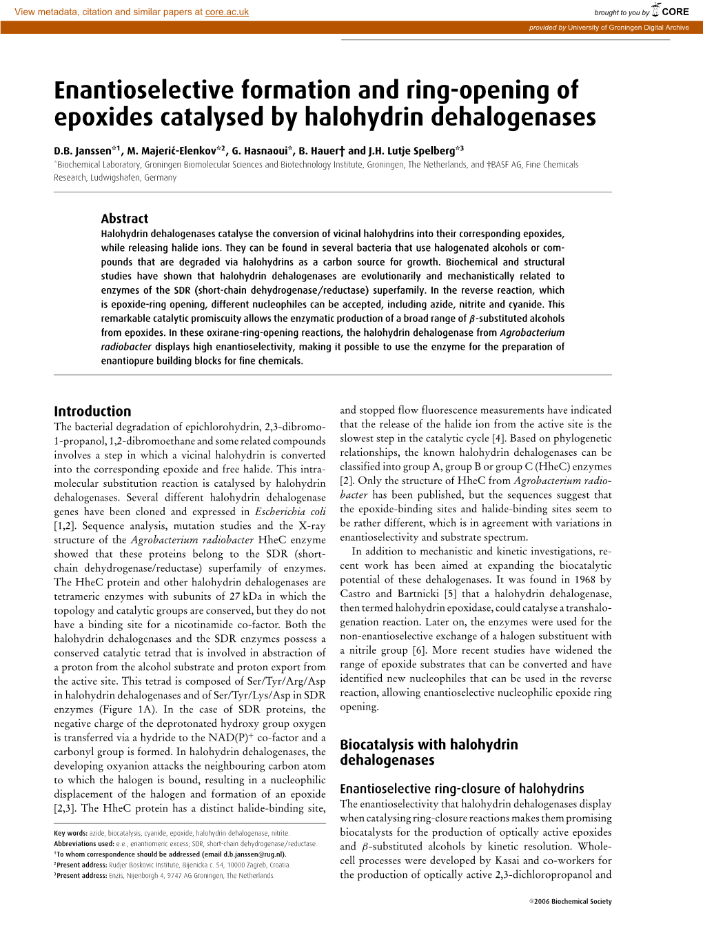 Enantioselective Formation and Ring-Opening of Epoxides Catalysed by Halohydrin Dehalogenases