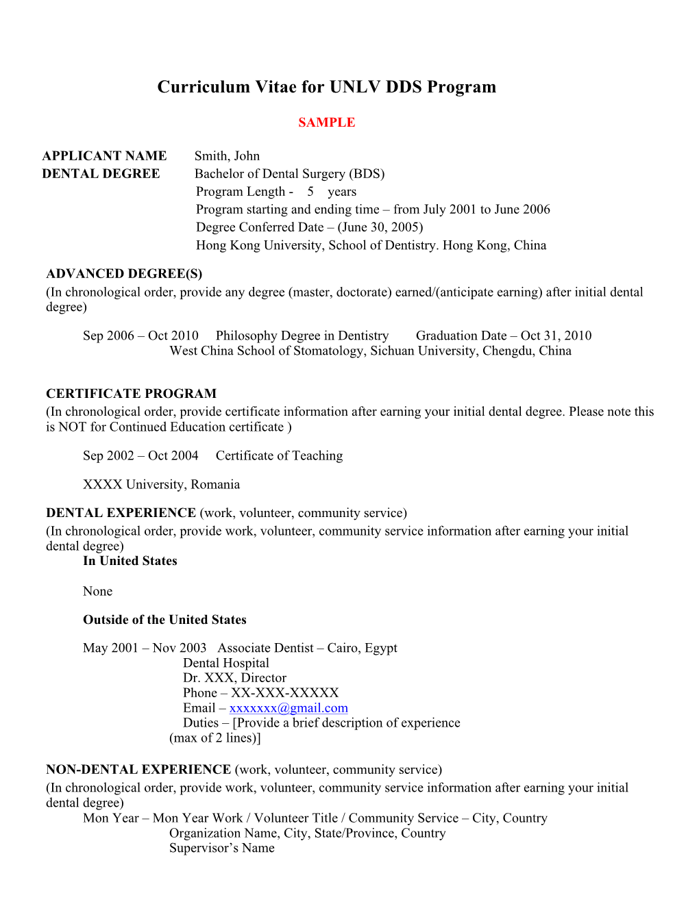 Curriculum Vitae for UNLV DDS Program