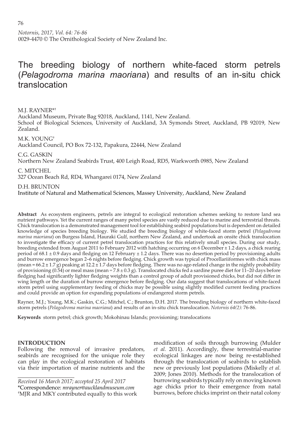 The Breeding Biology of Northern White-Faced Storm Petrels (Pelagodroma Marina Maoriana) and Results of an In-Situ Chick Translocation