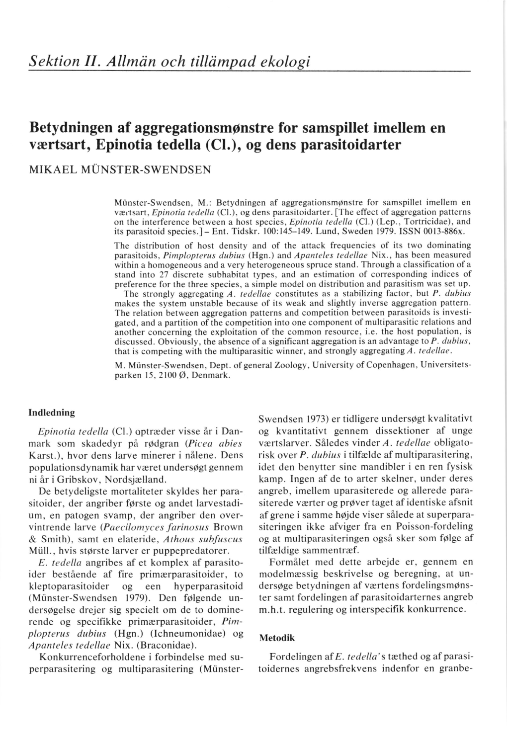 Vrertsart, Epinotia Tedella (Cl.), Og Dens Parasitoidarter