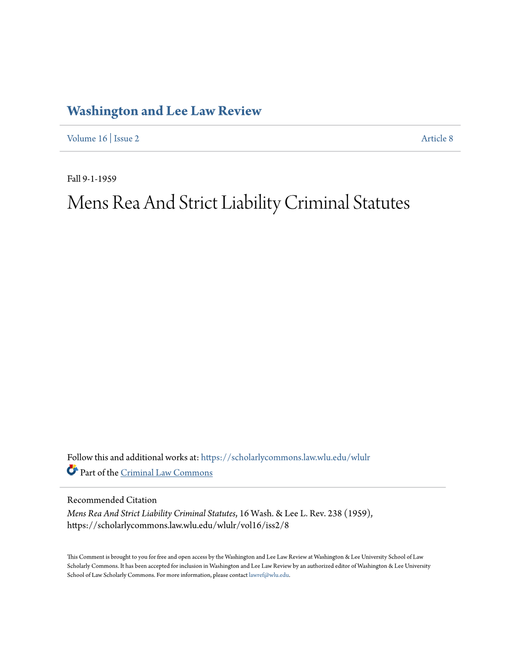 Mens Rea and Strict Liability Criminal Statutes