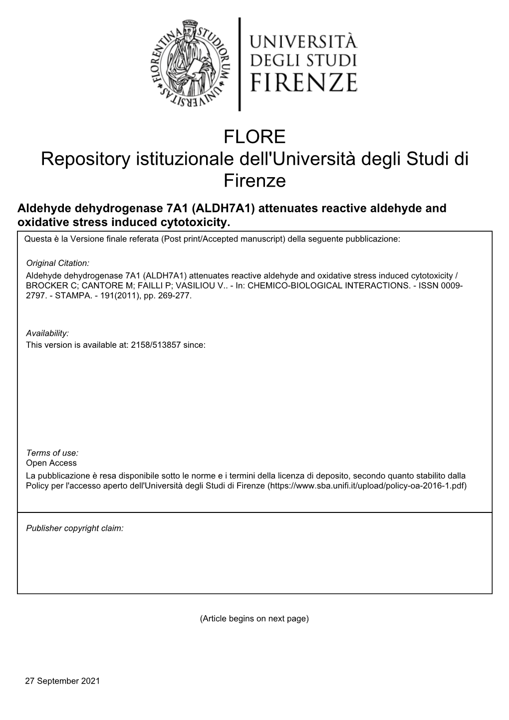 (ALDH7A1) Attenuates Reactive Aldehyde and Oxidative Stress Induced Cytotoxicity