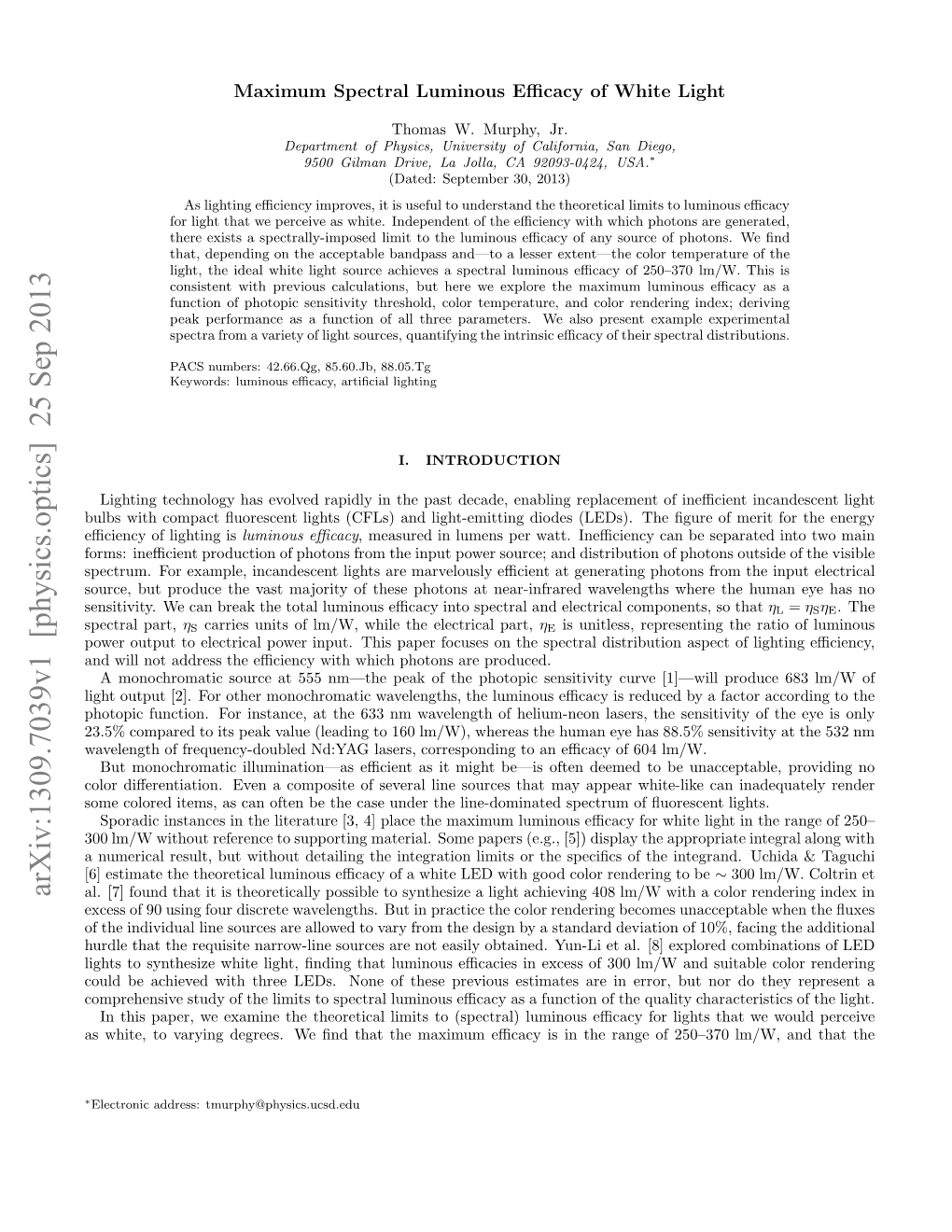 Maximum Spectral Luminous Efficacy of White Light