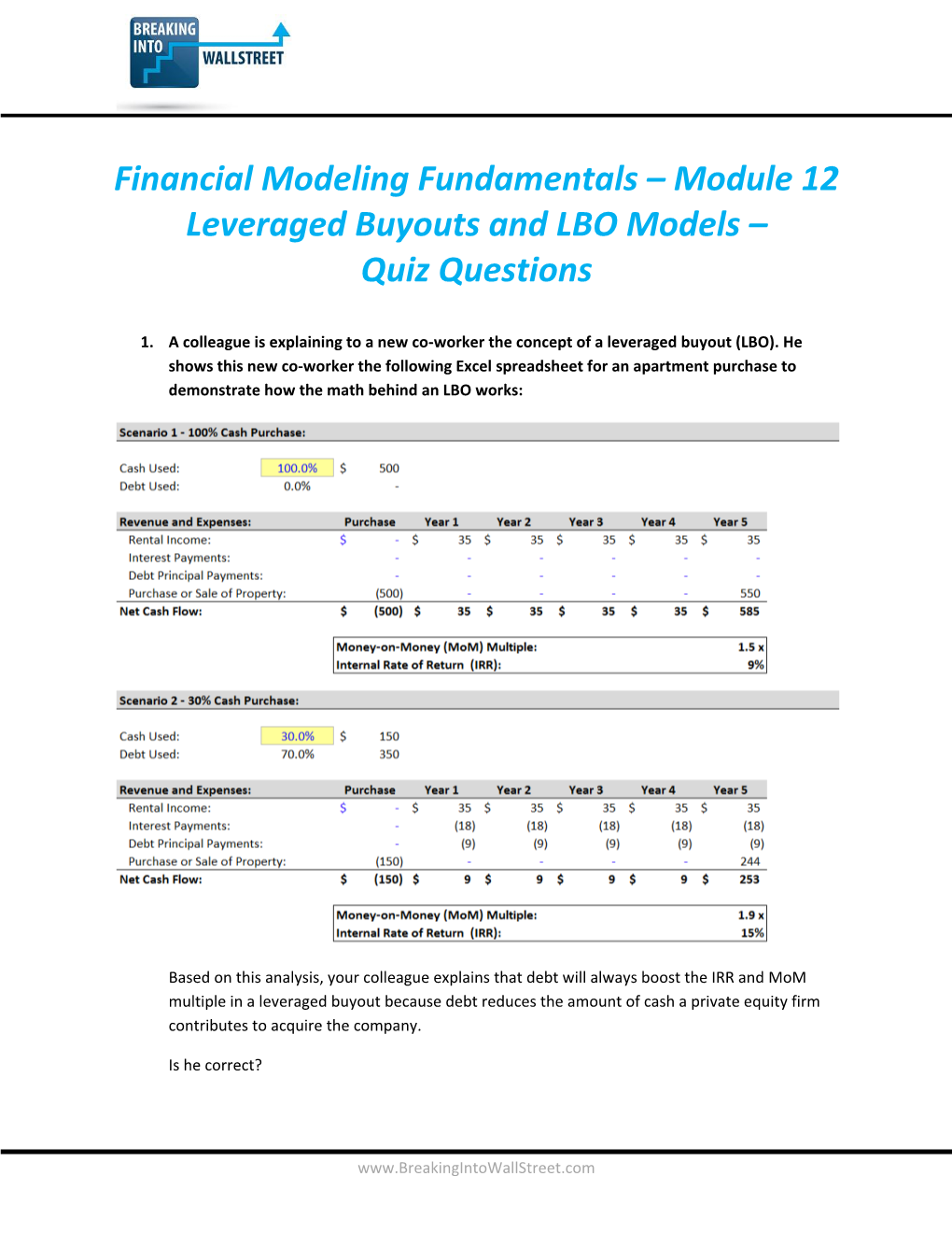 Financial Modeling Fundamentals – Module 12 Leveraged Buyouts and LBO Models – Quiz Questions