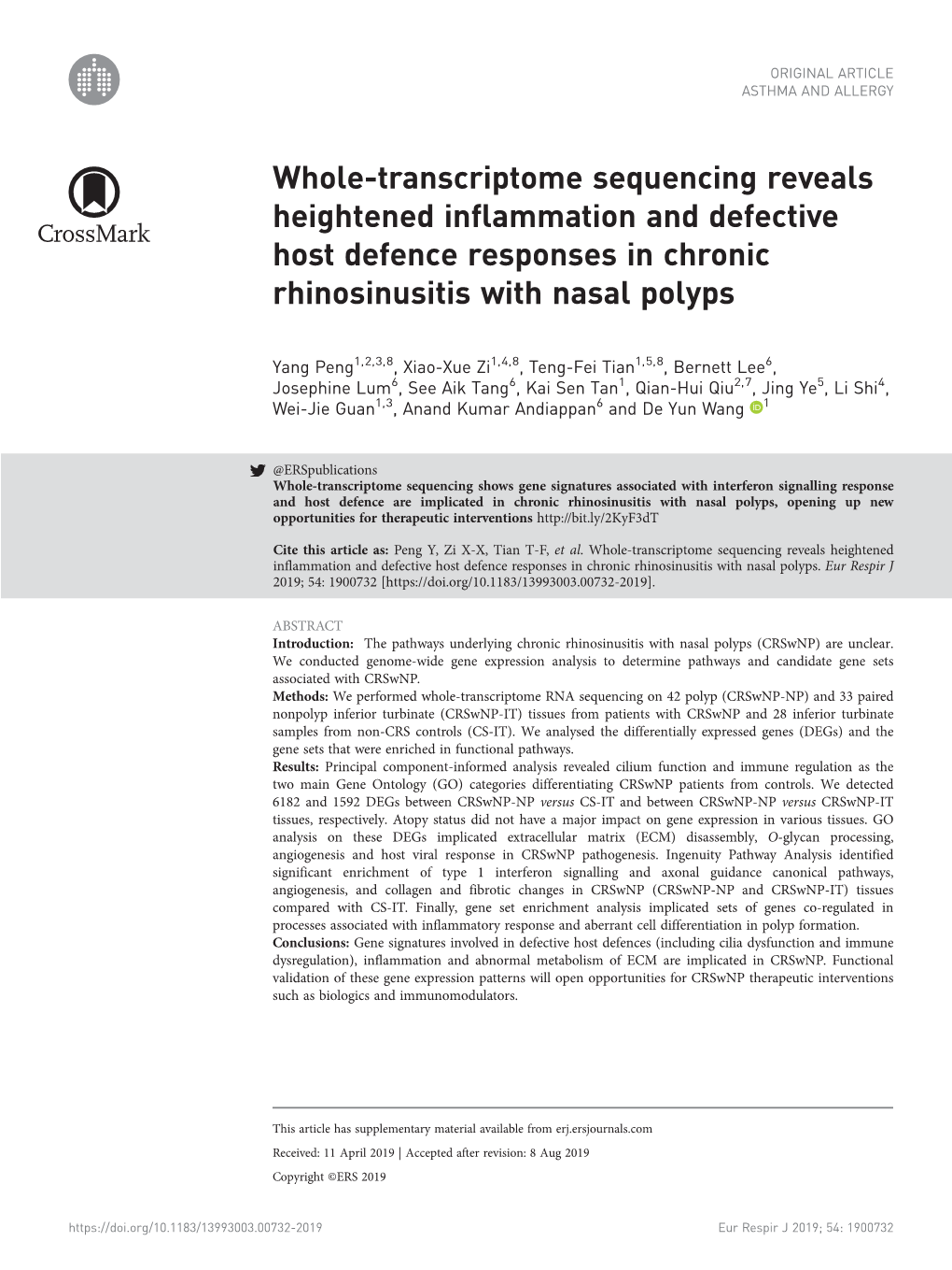 Whole-Transcriptome Sequencing Reveals Heightened Inflammation and Defective Host Defence Responses in Chronic Rhinosinusitis with Nasal Polyps