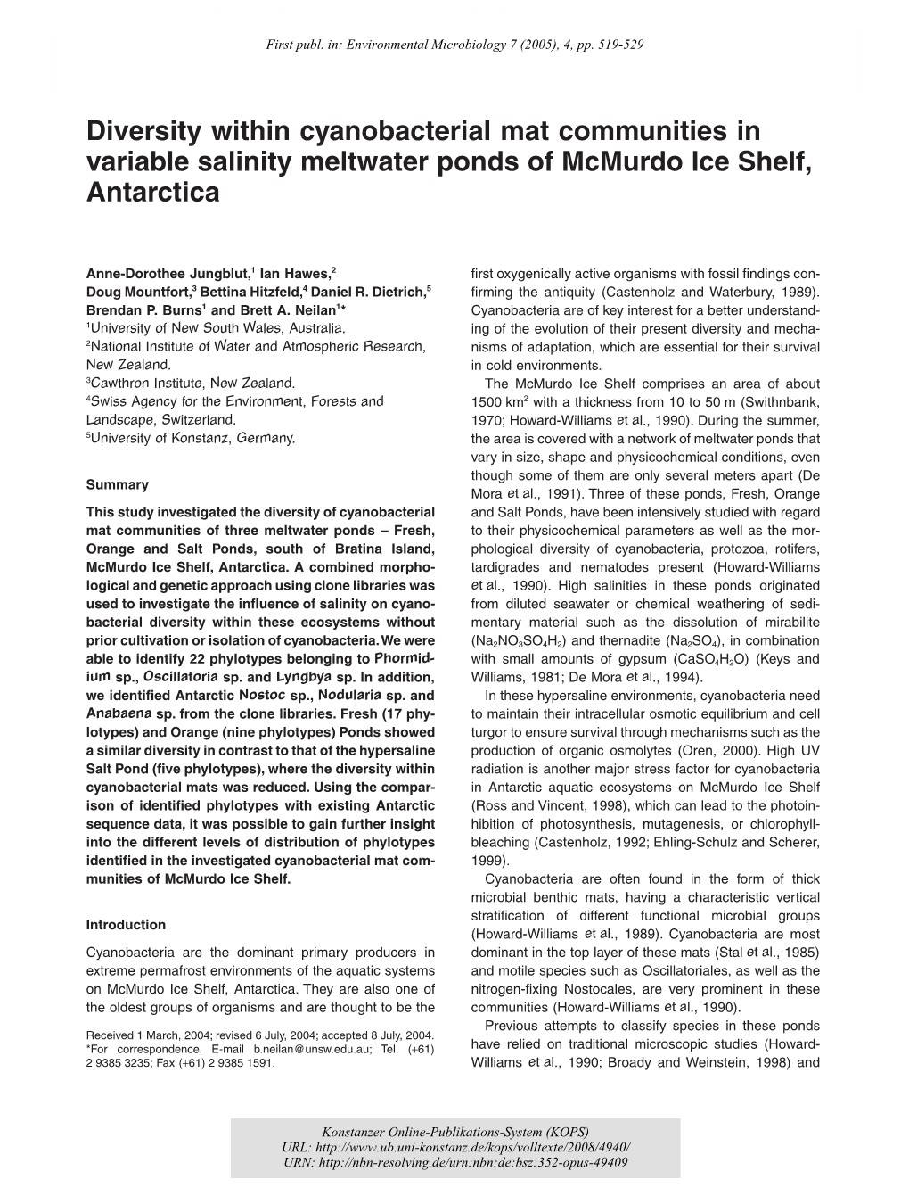 Diversity Within Cyanobacterial Mat Communities in Variable Salinity Meltwater Ponds of Mcmurdo Ice Shelf, Antarctica