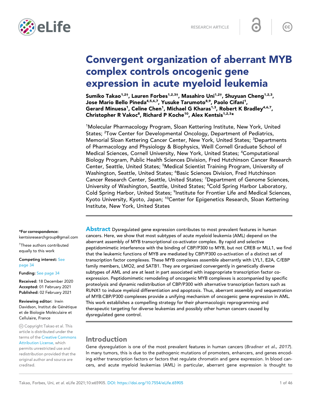 Convergent Organization of Aberrant MYB Complex Controls Oncogenic Gene Expression in Acute Myeloid Leukemia